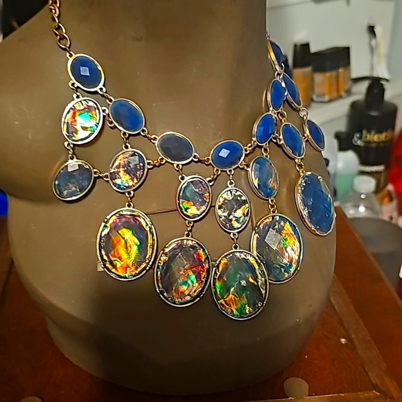 Blue Ocean & Green Turquoise Opalscent  Statement Necklace, Adjustable Length - Picture 6 of 8